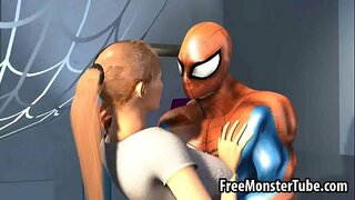 3D सोनेरी अर्भक तिच्या मांजर licked करून Spiderman